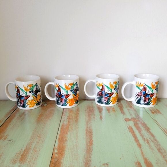 Vintage Butterfly & Flora Panstone Tropical Ceramic Set of 4 Coffee Mugs - Picture 4 of 15